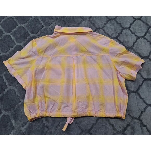 NEW BP Pink and Yellow Windowpane Button-Up Crop Shirt/Sz. 1X - Picture 2 of 5